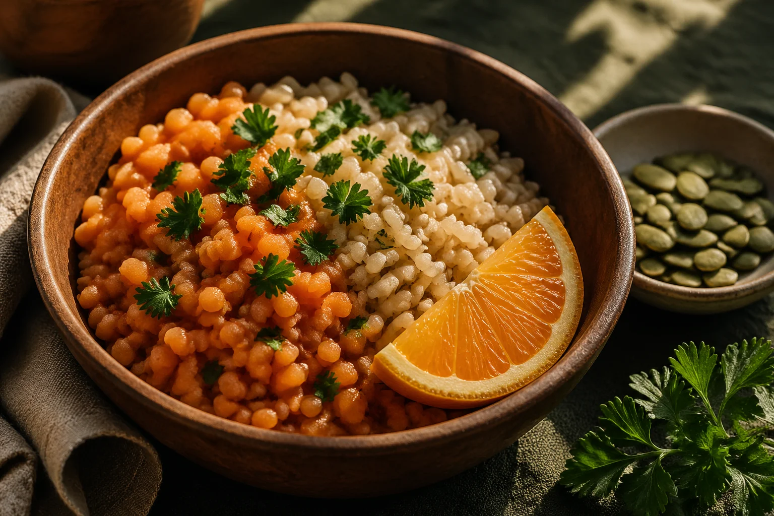 Dřevěná miska s vařenými červenými čočkami a hnědou rýží, plátek pomeranče, dýňová semínka — earthy plant-based bowl s vitamínem C pro vstřebávání železa