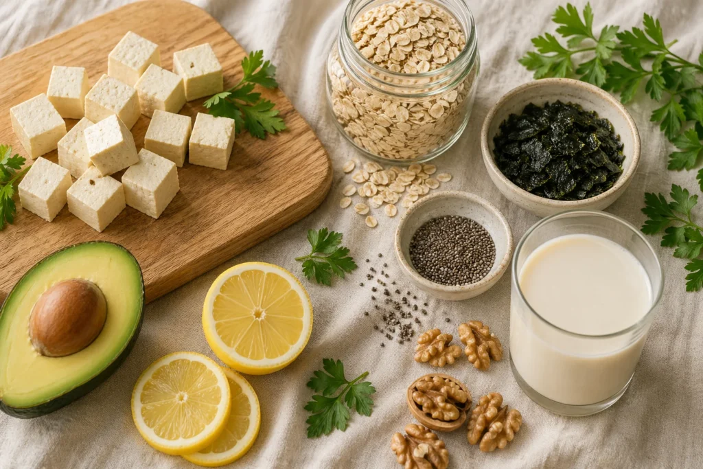 Editorial flat-lay rostlinné stravy: tofu, ovesné vločky, mořské řasy, chia, avokádo, ořechy, plant-based mléko, citron a petržel