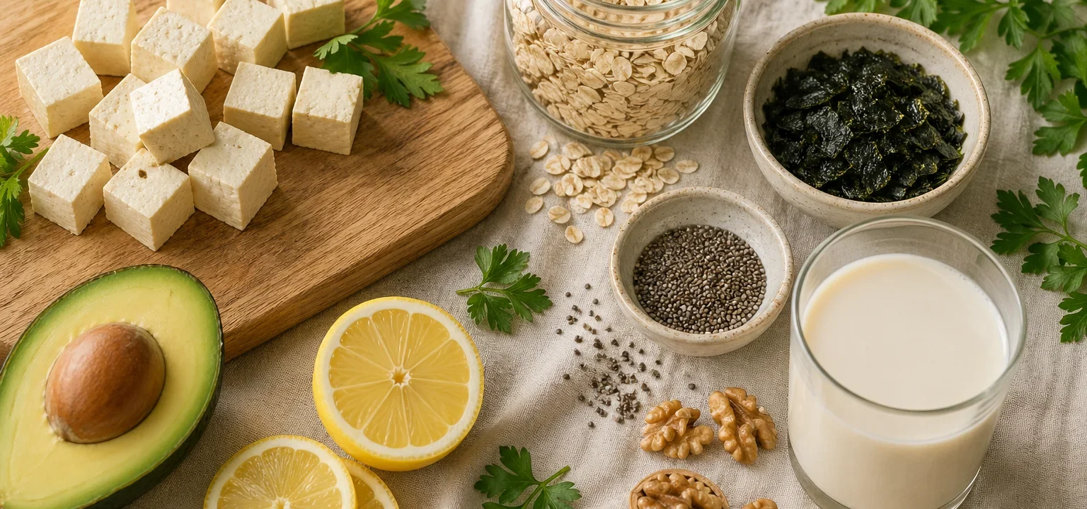 Editorial flat-lay rostlinné stravy: tofu, ovesné vločky, mořské řasy, chia, avokádo, ořechy, plant-based mléko, citron a petržel