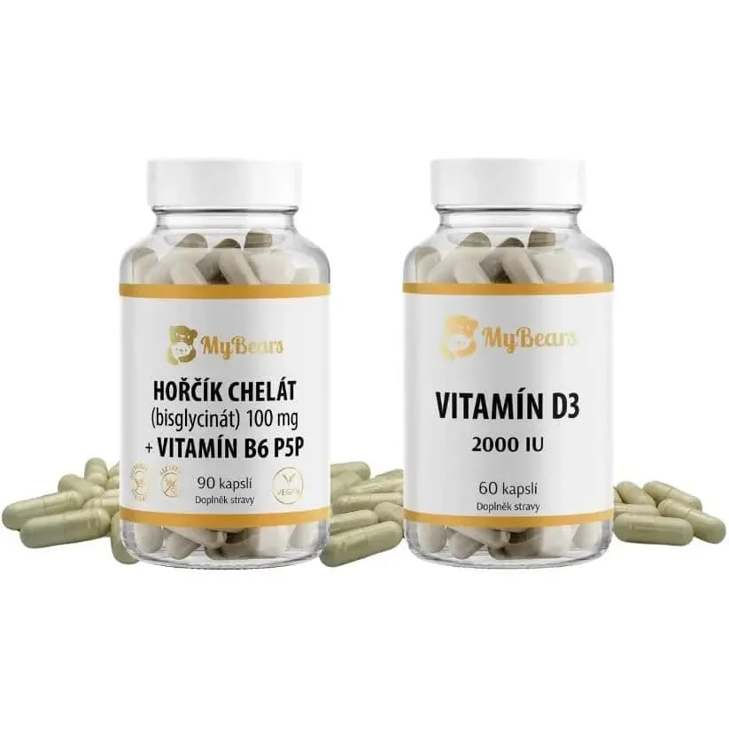 Balíček Harmonie — vegan kapsle s hořčíkem chelátem, B6 P5P a vegánským vitamínem D3 2000 IU — MyBears