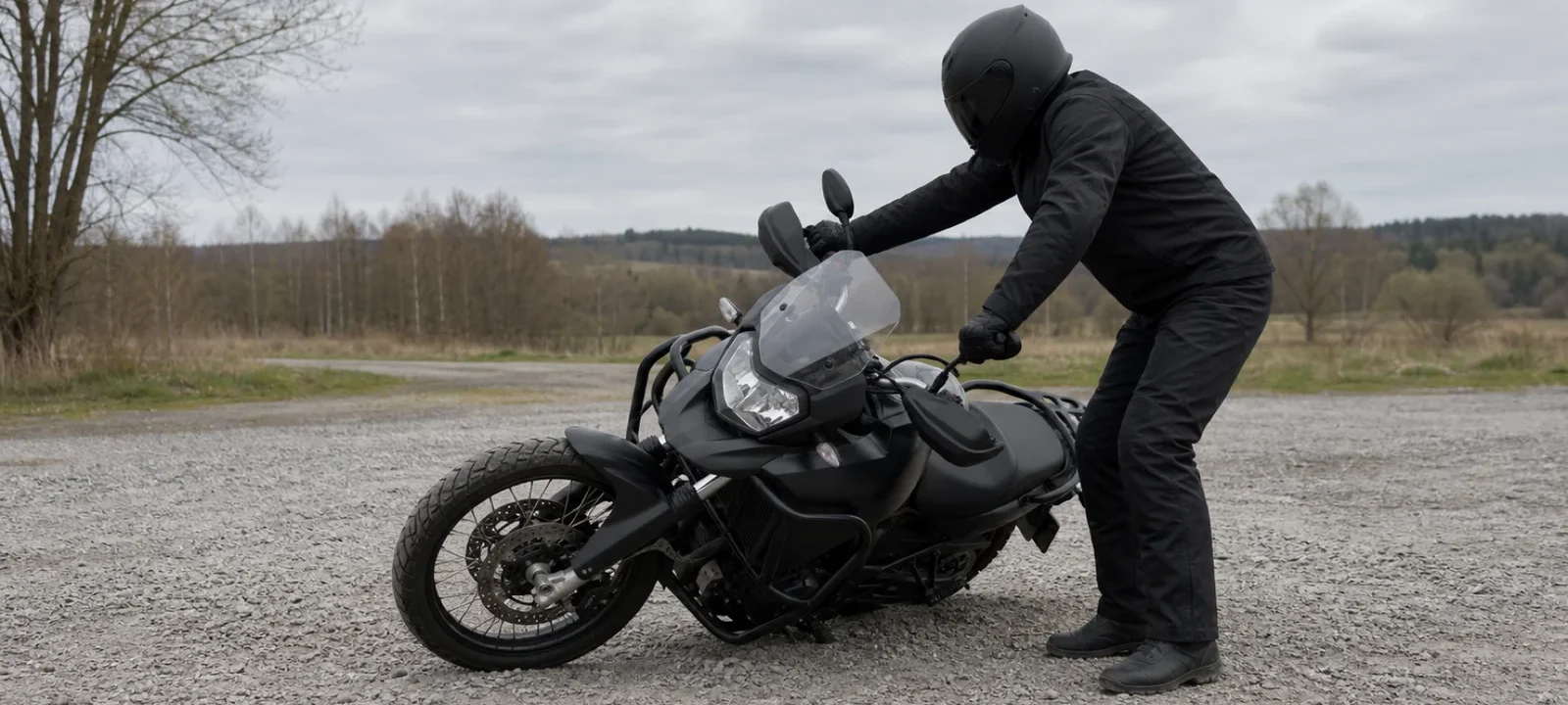 Motocykl převrácený v malé rychlosti opřený o padací rám, jezdec vedle nezraněný