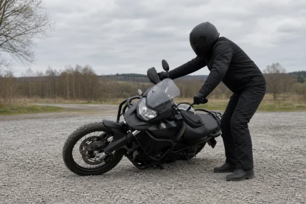 Motocykl převrácený v malé rychlosti opřený o padací rám, jezdec vedle nezraněný