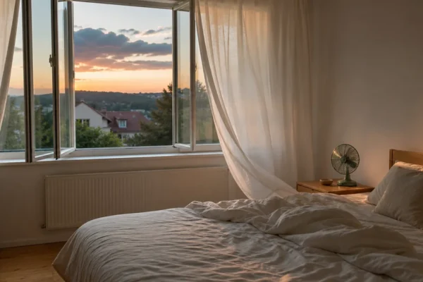 Vzdušná ložnice za letního soumraku s otevřeným oknem, lněným povlečením a ventilátorem na nočním stolku