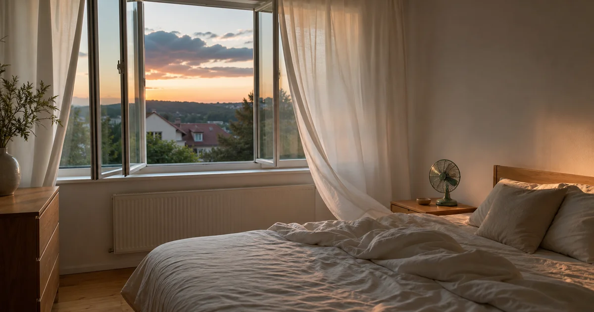 Vzdušná ložnice za letního soumraku s otevřeným oknem, lněným povlečením a ventilátorem na nočním stolku
