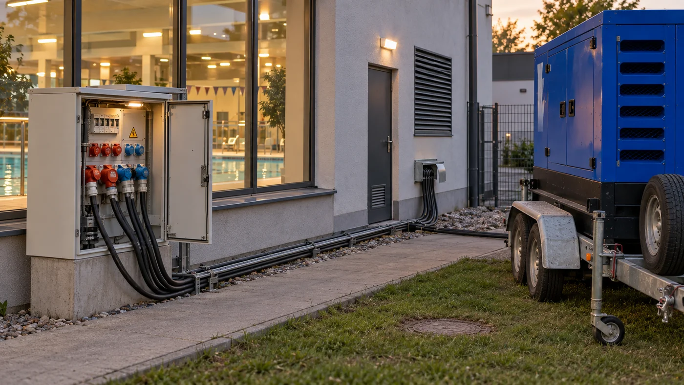 Detail kabeláže vedené od elektrocentrály k technické místnosti úpravny bazénové vody, letní podvečer.