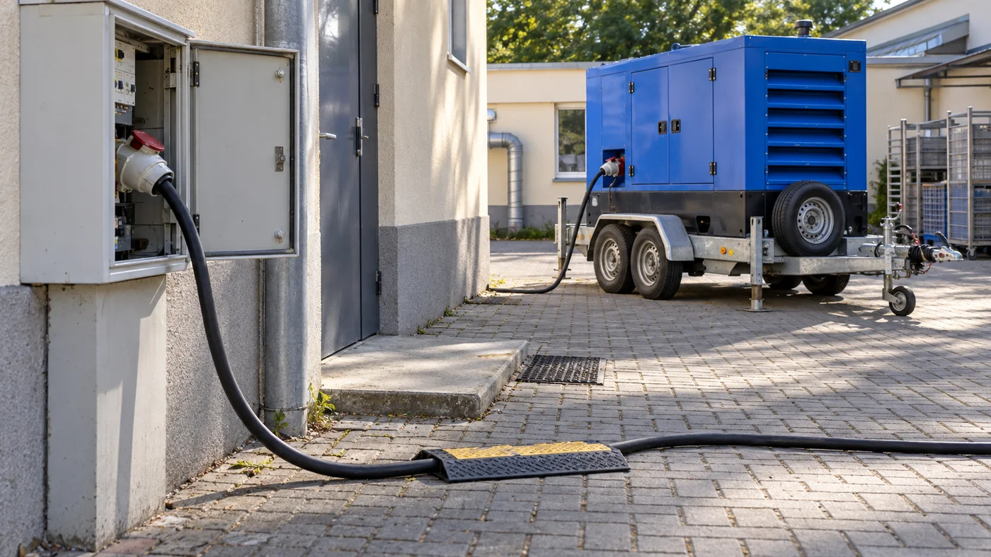 Napájecí kabel od elektrocentrály vedený k rozvaděči u zadního vchodu školní kuchyně