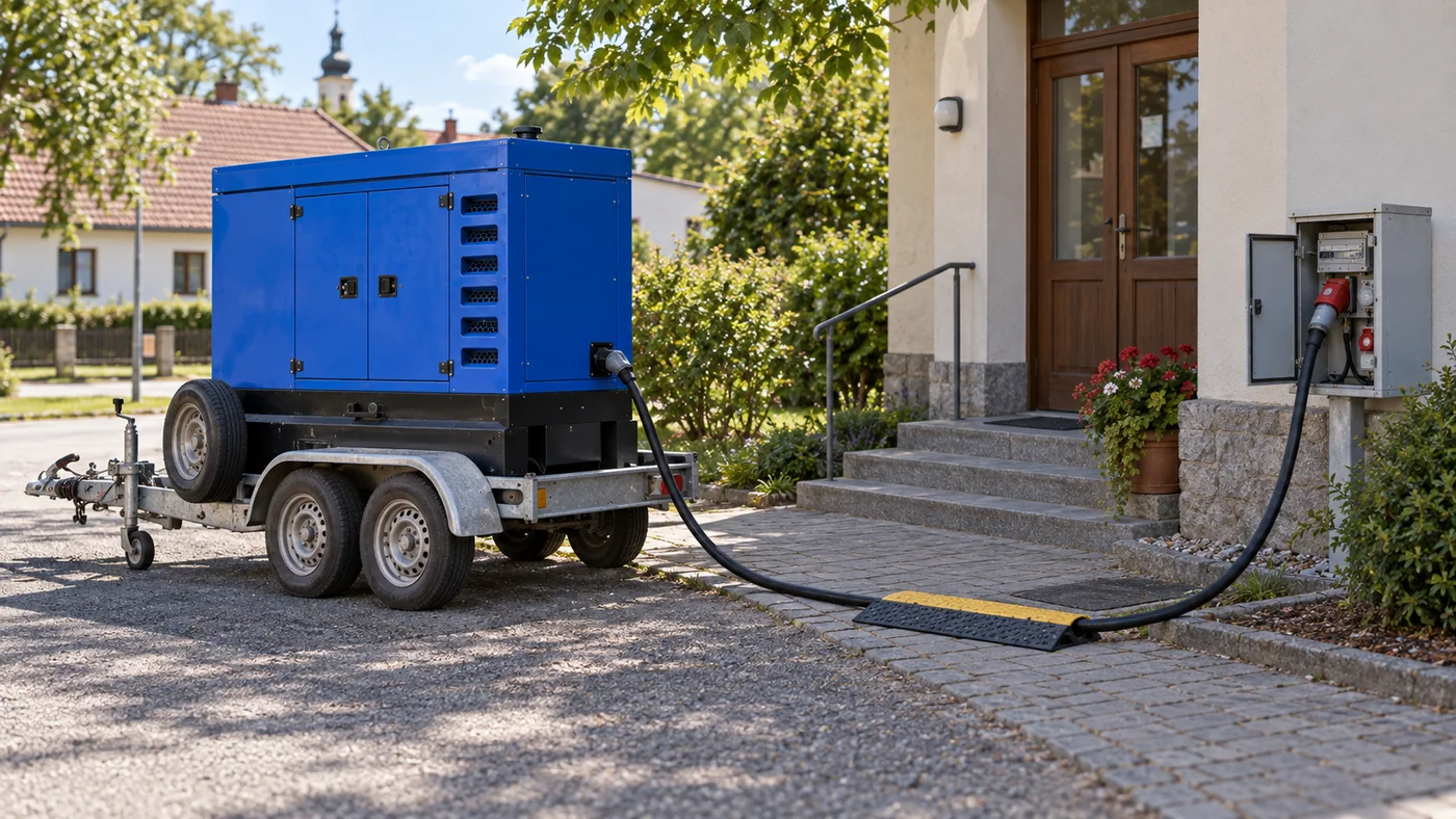 Detail kabelu vedeného od modré elektrocentrály k rozvaděči u sálu, kde probíhá očkování.