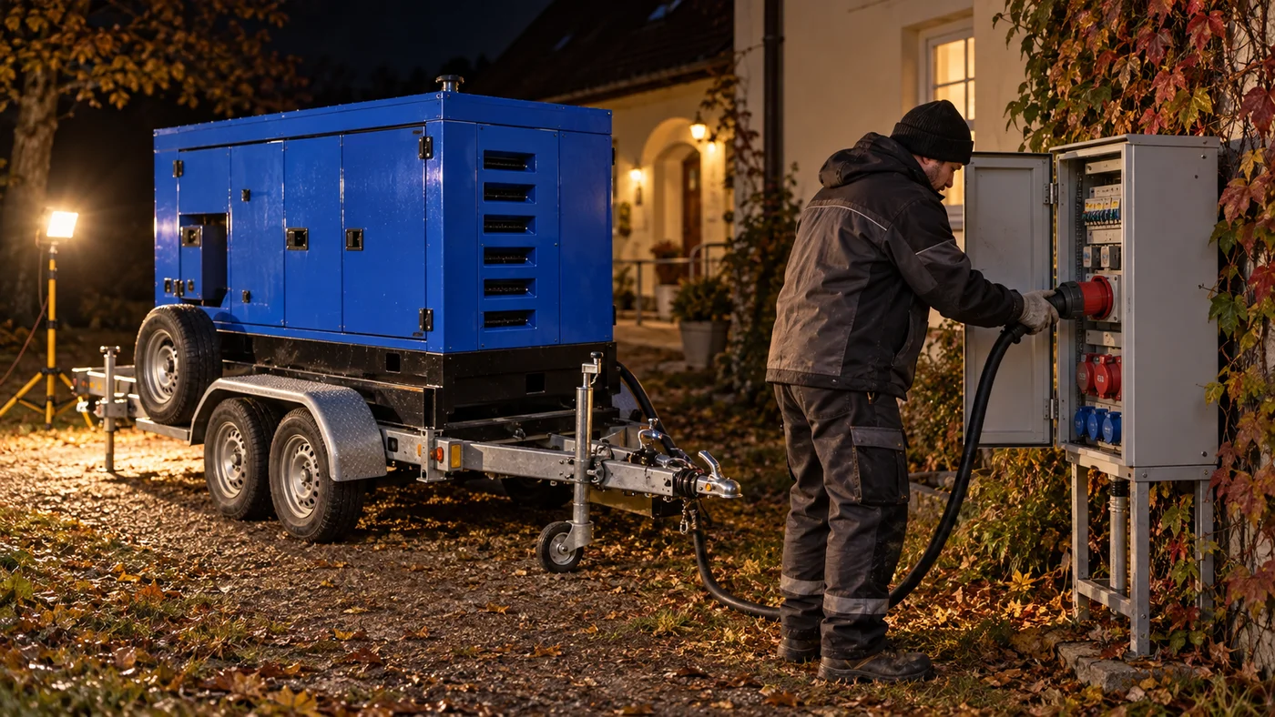 Detail rukou technika připojujícího kabel z elektrocentrály do staveništního rozvaděče, podzimní noc.