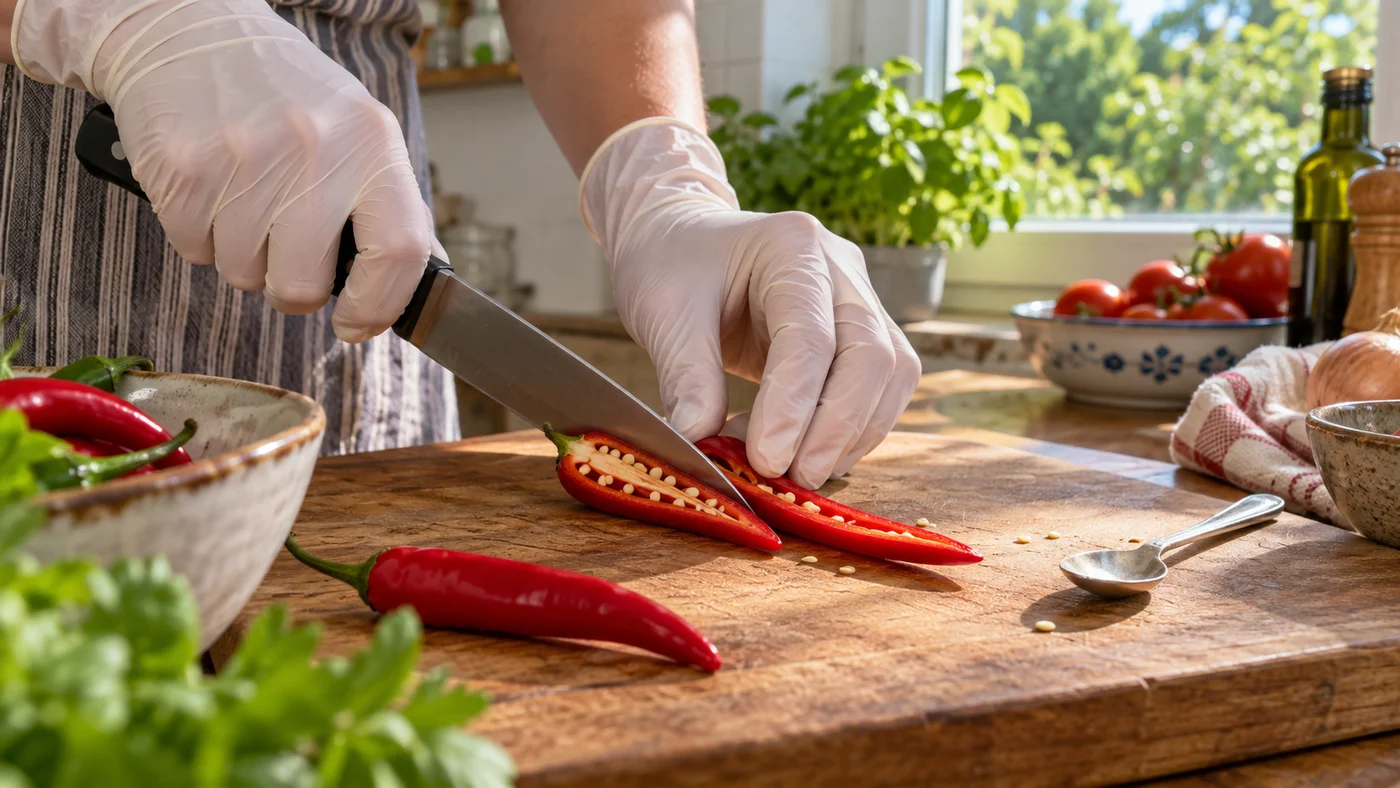 Ruce v jednorázových rukavicích krájejí chilli papričku na prkénku, vedle leží lžička a rozpůlené plody s bílou dužinou