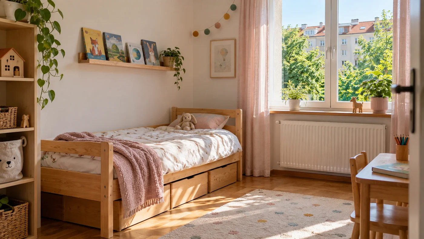 Dětský pokoj s postelí mimo dosah radiátoru a lehkou peřinou