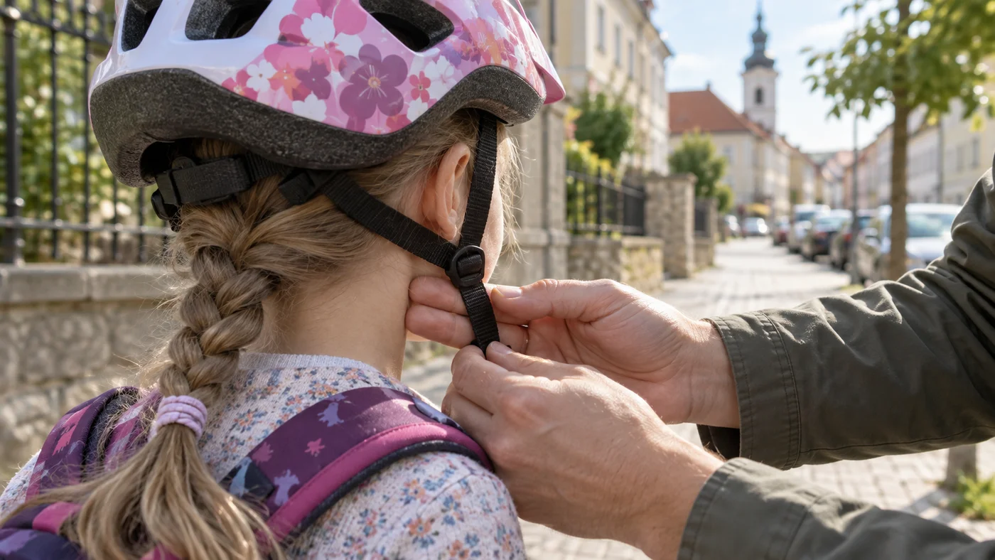 Rodič seřizuje popruh pod bradou dětské cyklistické helmy, dívka stojí zády na ulici českého městečka