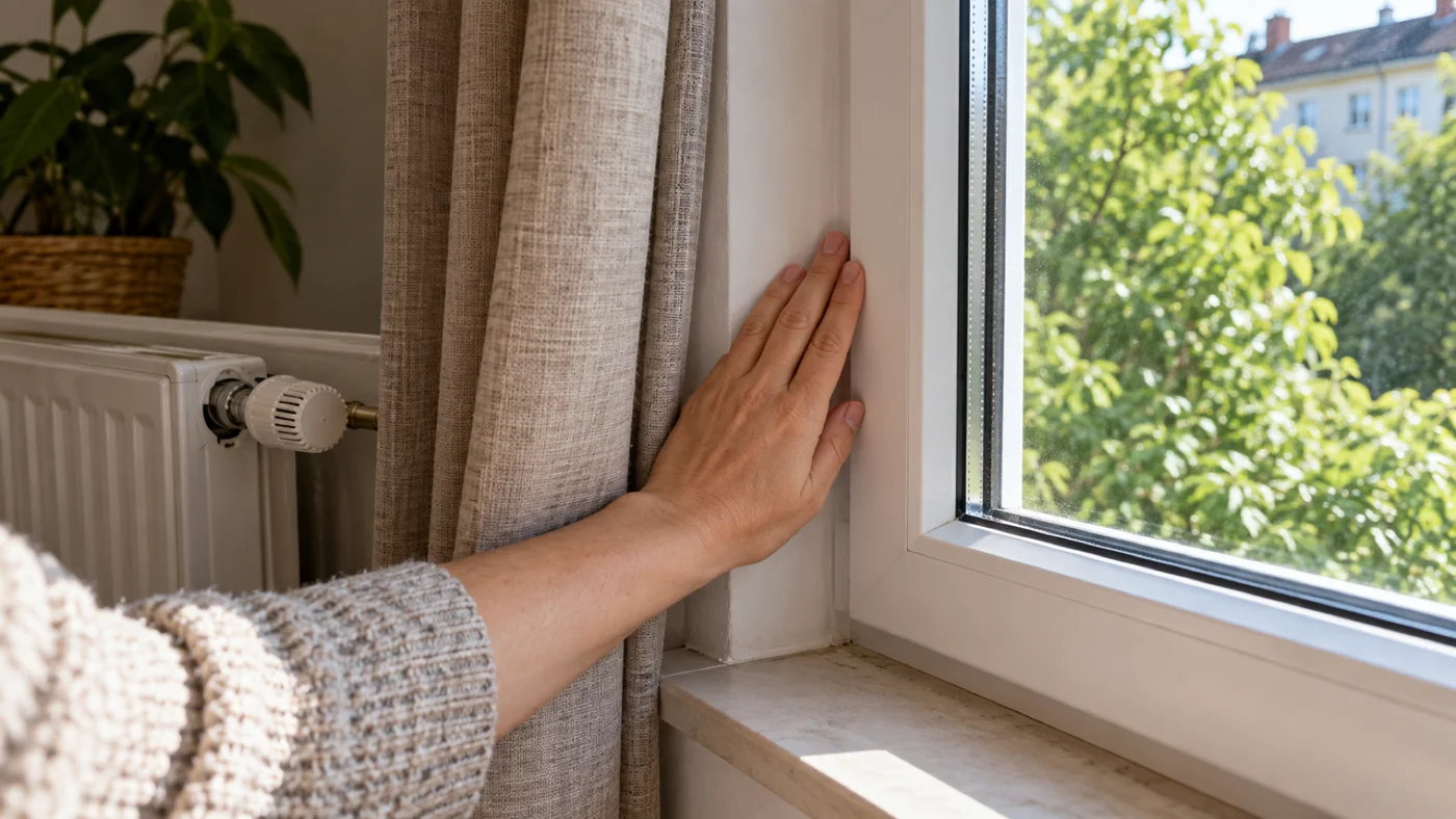 Ruka na okenním rámu kontroluje průvan, v pozadí radiátor s termostatickou hlavicí