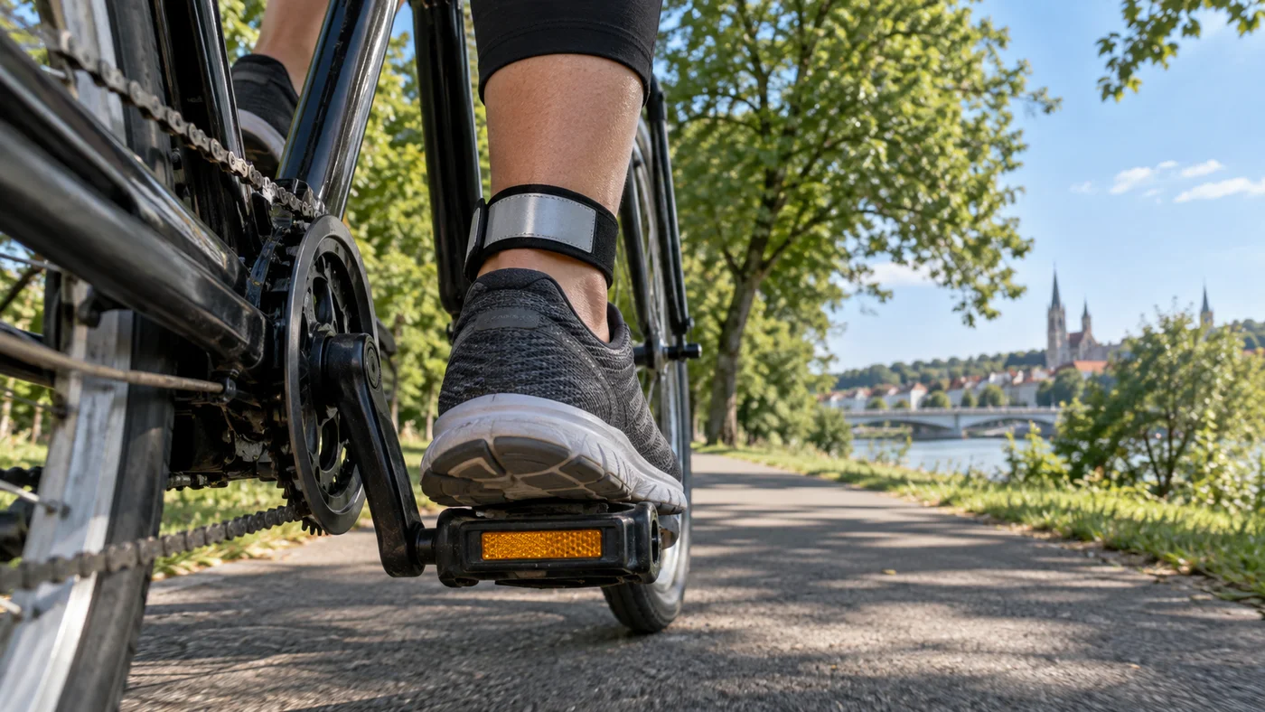 Pedál jízdního kola s oranžovou odrazkou a reflexním páskem na kotníku cyklisty