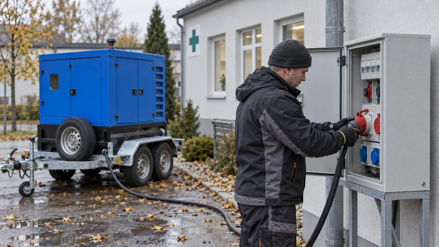 Detail kabelu od elektrocentrály vedeného k provizornímu rozvaděči zdravotního střediska v zářijovém ránu