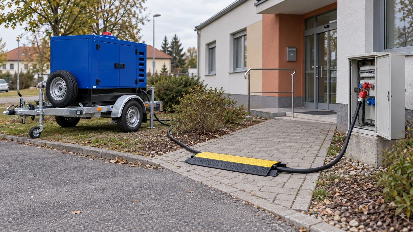 Detail kabelového můstku a rozváděcí skříně u vstupu ordinace, kabel od elektrocentrály vedený po chodníku.