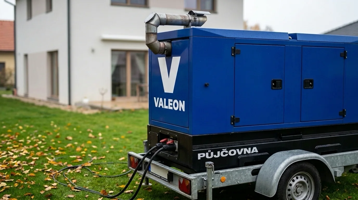Výfuk na kapotě elektrocentrály na přívěsu otočený směrem od domu na podzimním dvoře