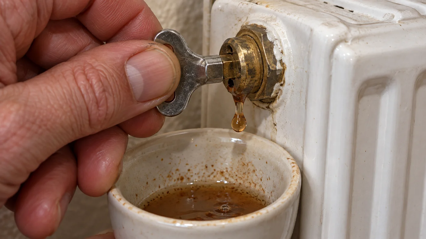 Odvzdušnění radiátoru klíčem, z ventilu kape zbarvená voda do hrníčku